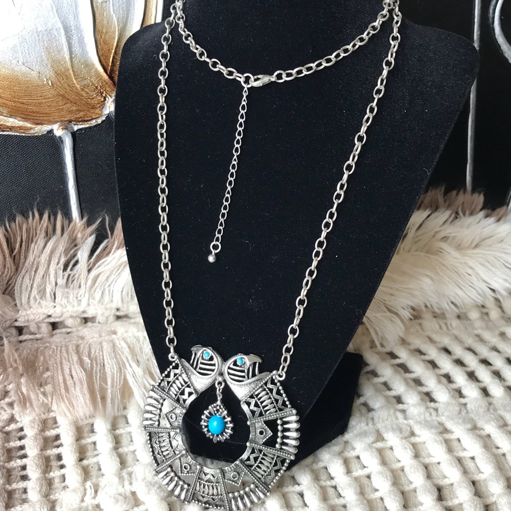 LONG SILVER TONE NECKLACE WITH BLUE STONES